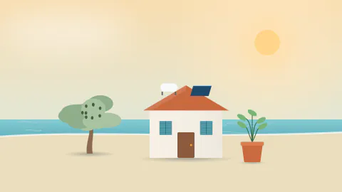 Deniz kenarında panjurları kapalı yazlık ev, çatısında su deposu ve güneş paneli, yanında zeytin ağacı